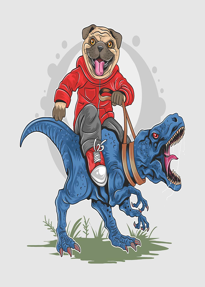 Funny Pug Dog on Dinosaur