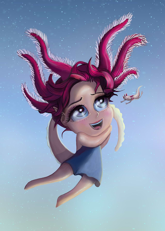 Axolotl Girl in the Sea
