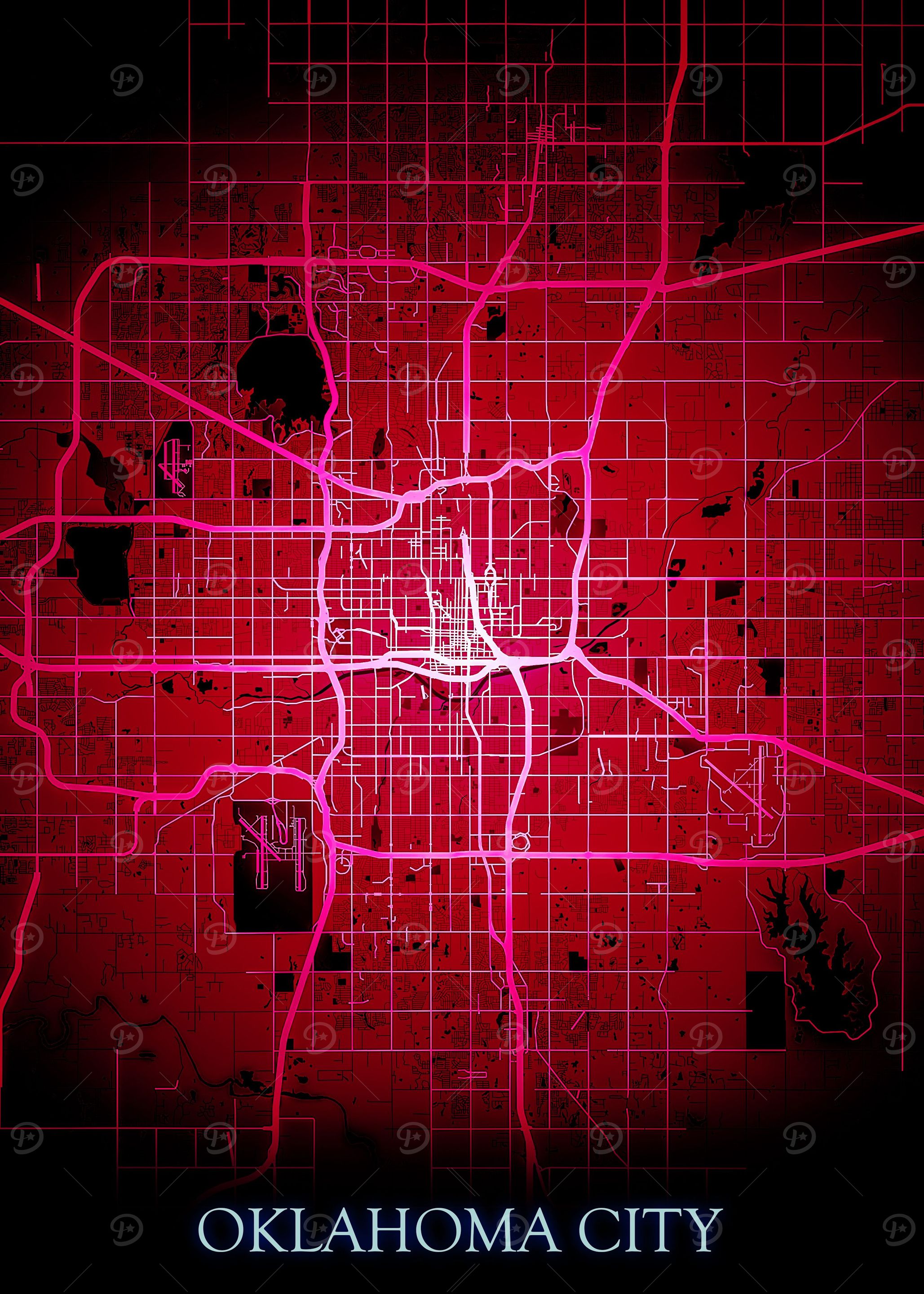 Oklahoma Night Red Map