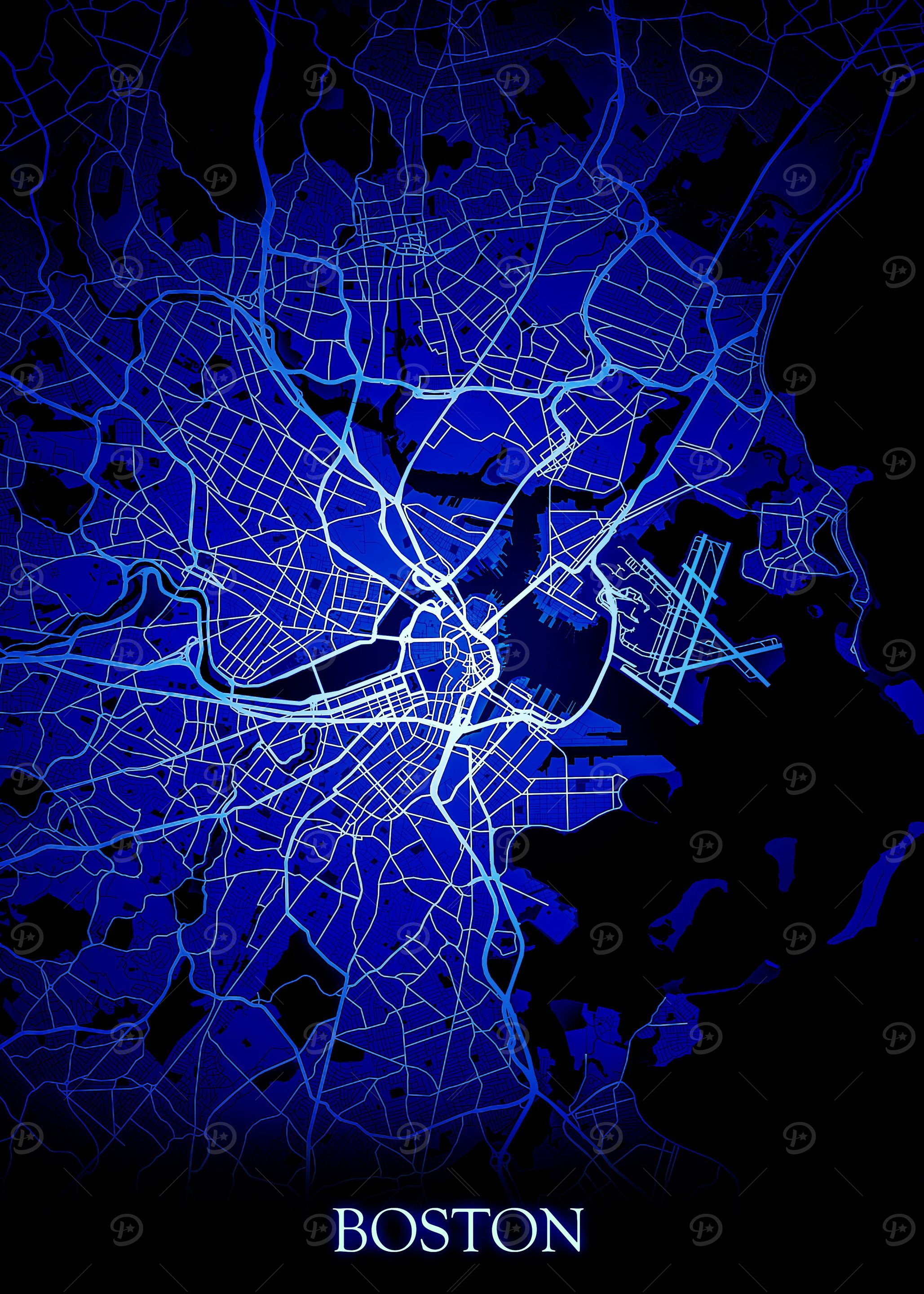 Boston Night Blue Map