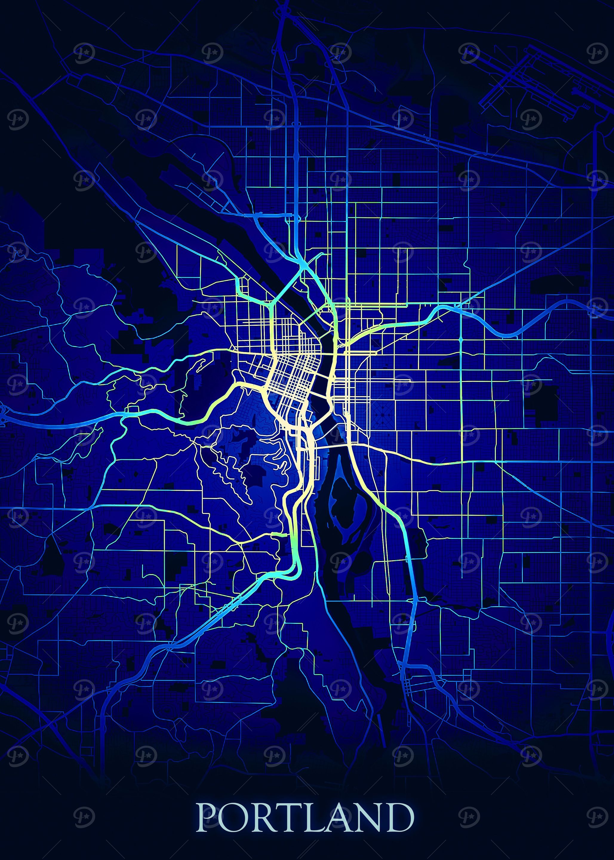 Portland Night Blue Map