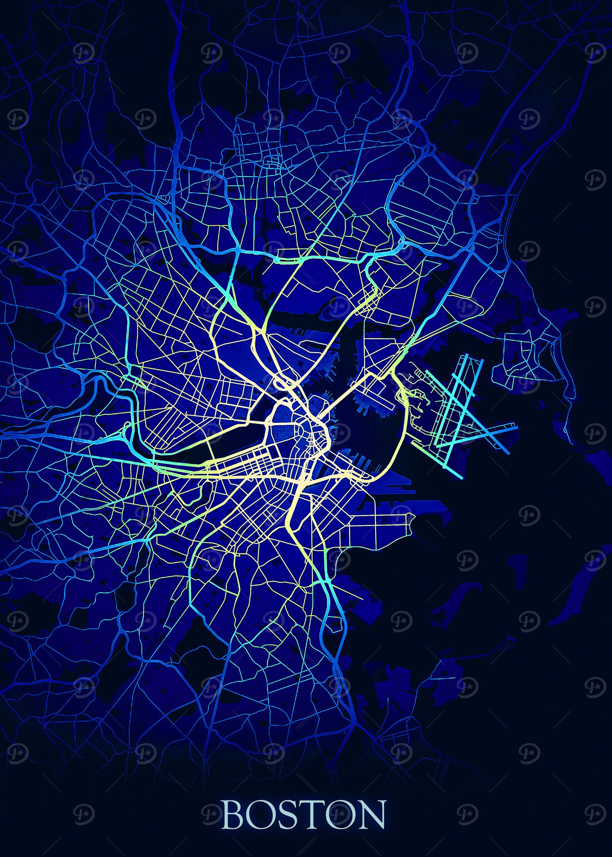 Boston Night Blue Map