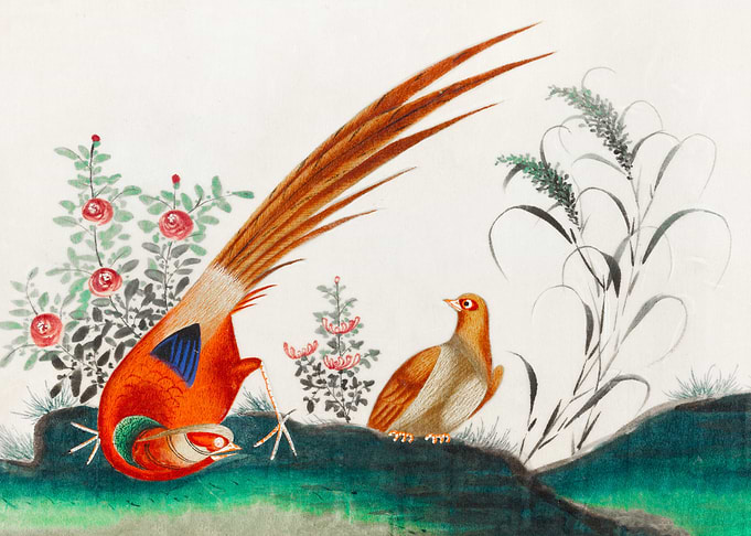 two birds among flowers