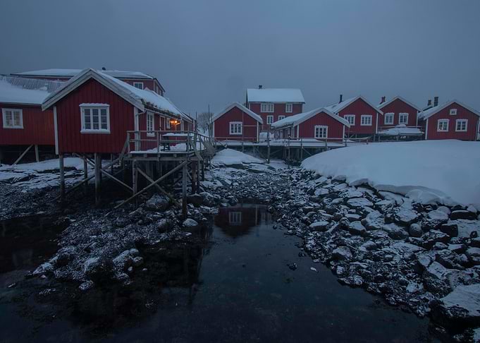 Red houses in the snow