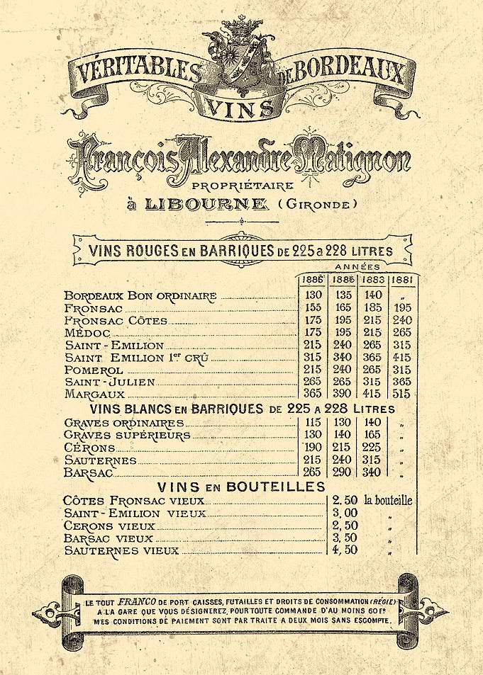 VIN de BORDEAUX PRIX 1888