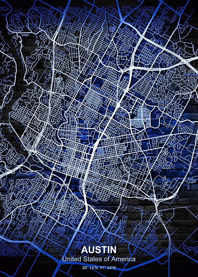 austin blue wall map