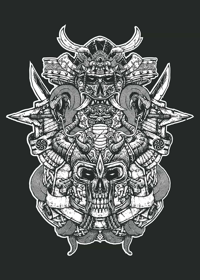 samurai and viking skull