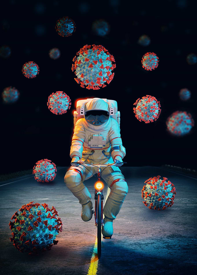 Man on bicycle with space