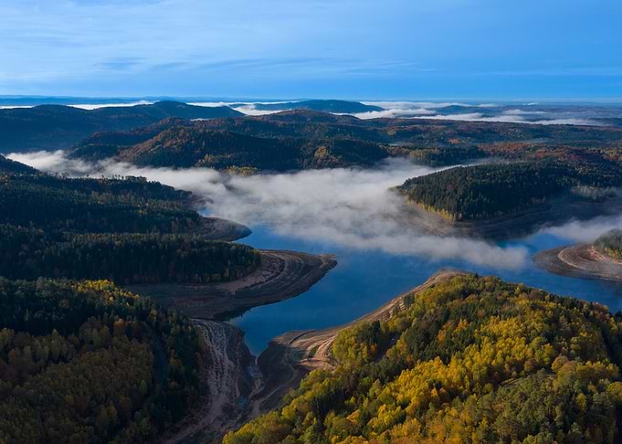 Lake from sky at sunrise