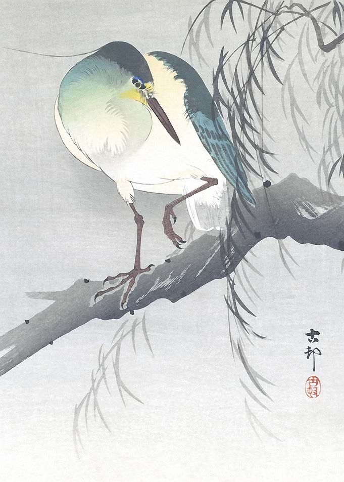 Heron on Willow Tree Print