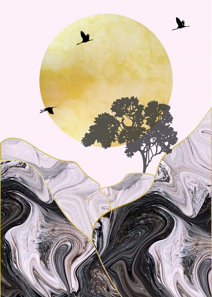 Marble Gold Sun With Birds