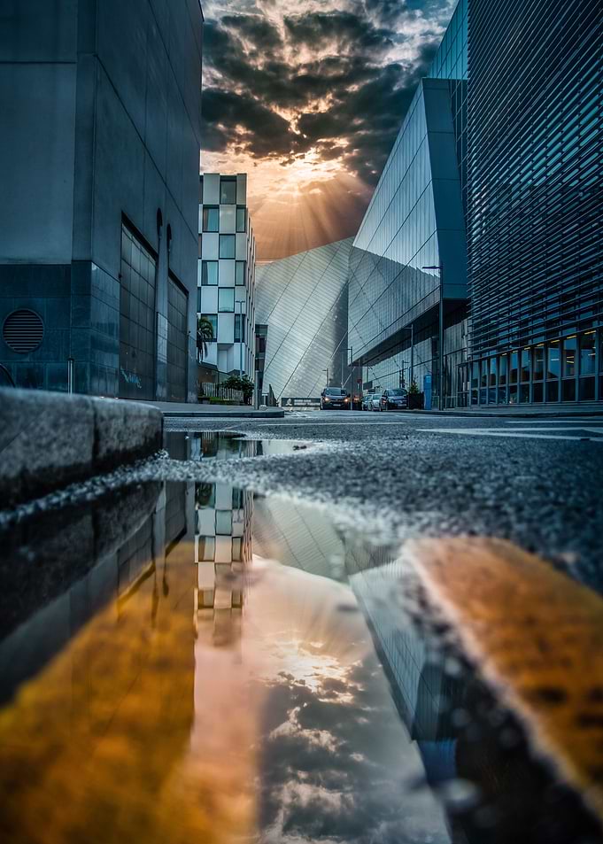 Urban sunset reflection