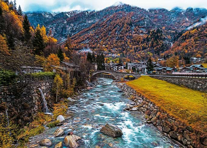 Misty river in the Alps