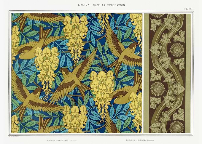 Birds and wisteria wall