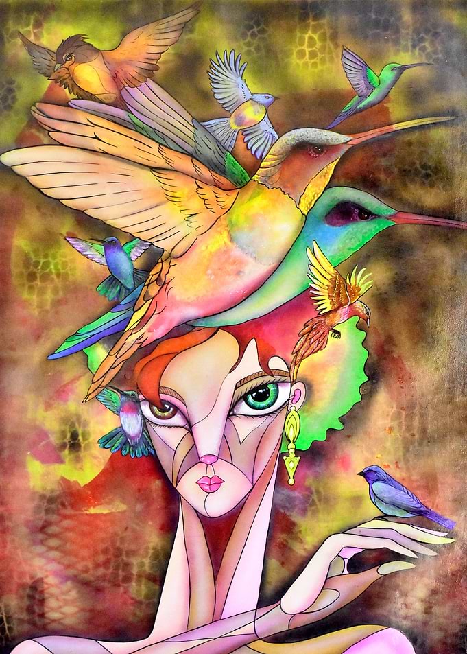 Girl with hummingbirds