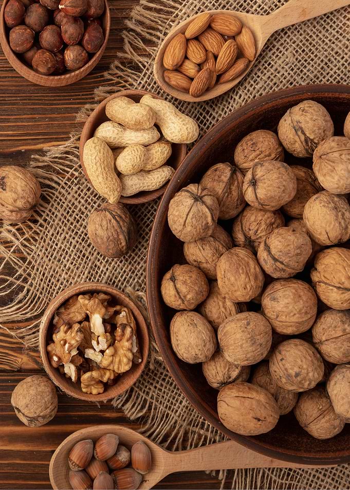 Flat lay of walnuts