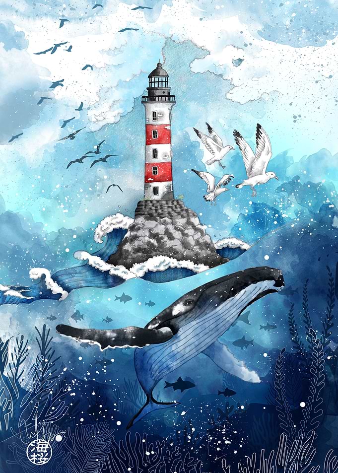 sea whale and lighthouse