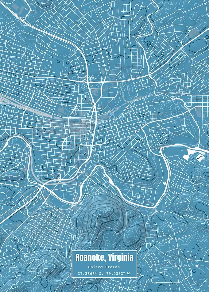 Roanoke Virginia Map Blue