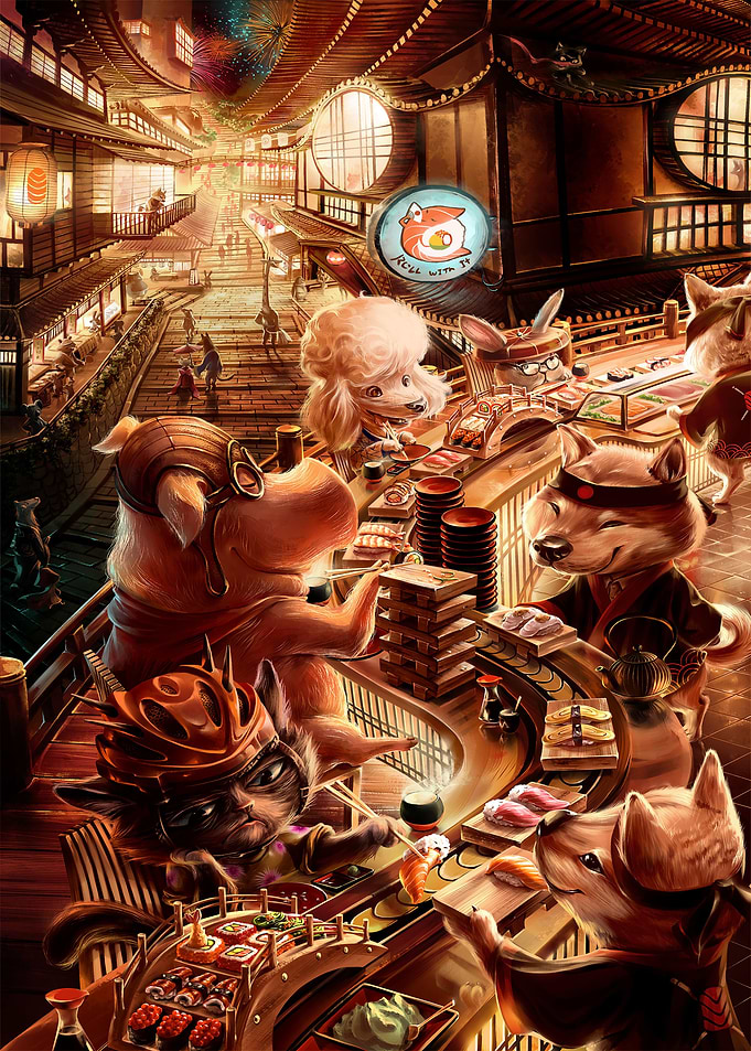 Cat and Dog Dining Sushi