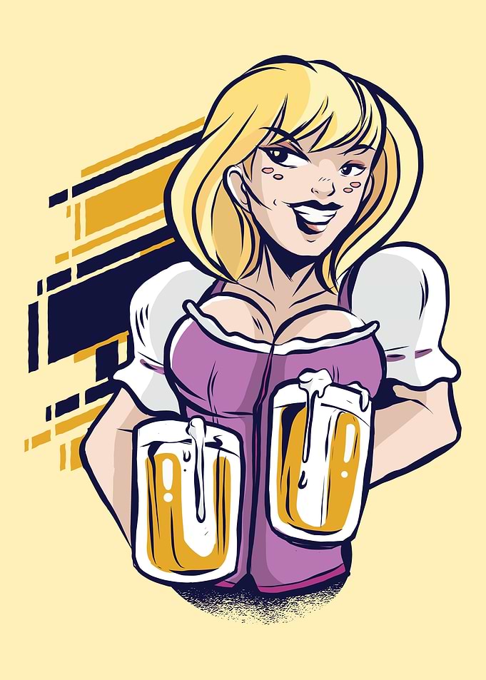 woman with beer mugs