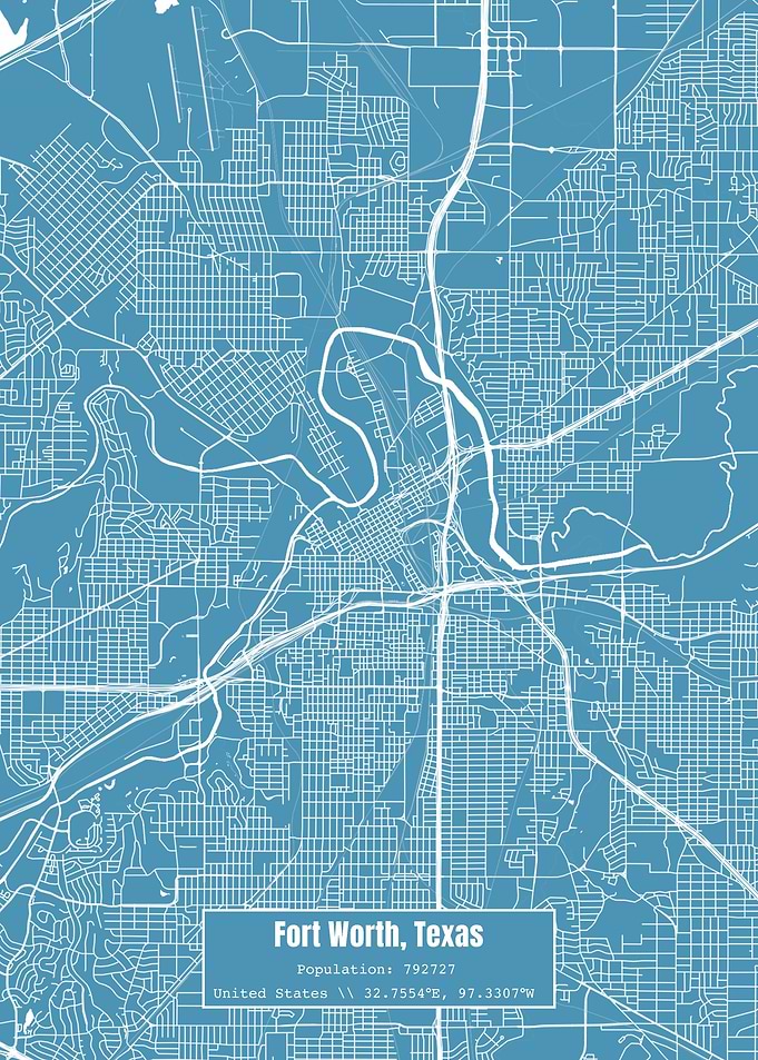 Fort Worth Texas Map Blue