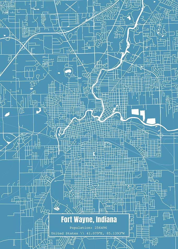 Fort Wayne IN Map Blue