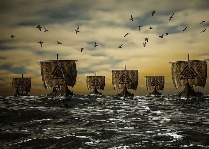 VIKING SHIPS ON OCEAN