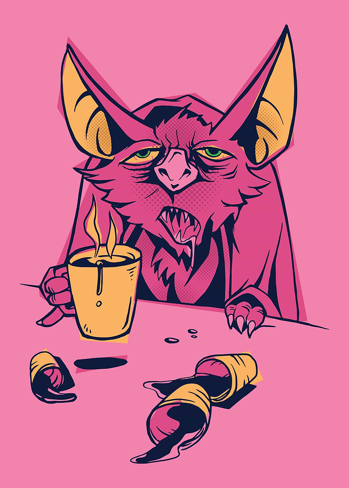 A bat drinking coffee