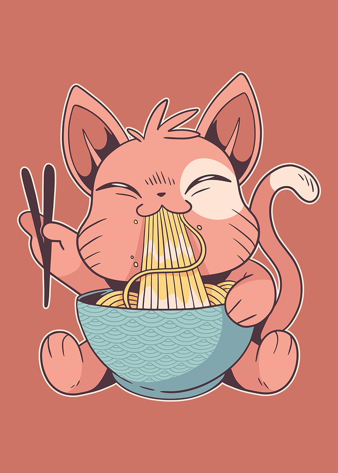 Cat eats noodles Ramen
