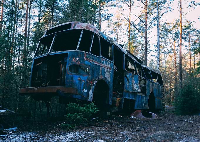 wood blue bus