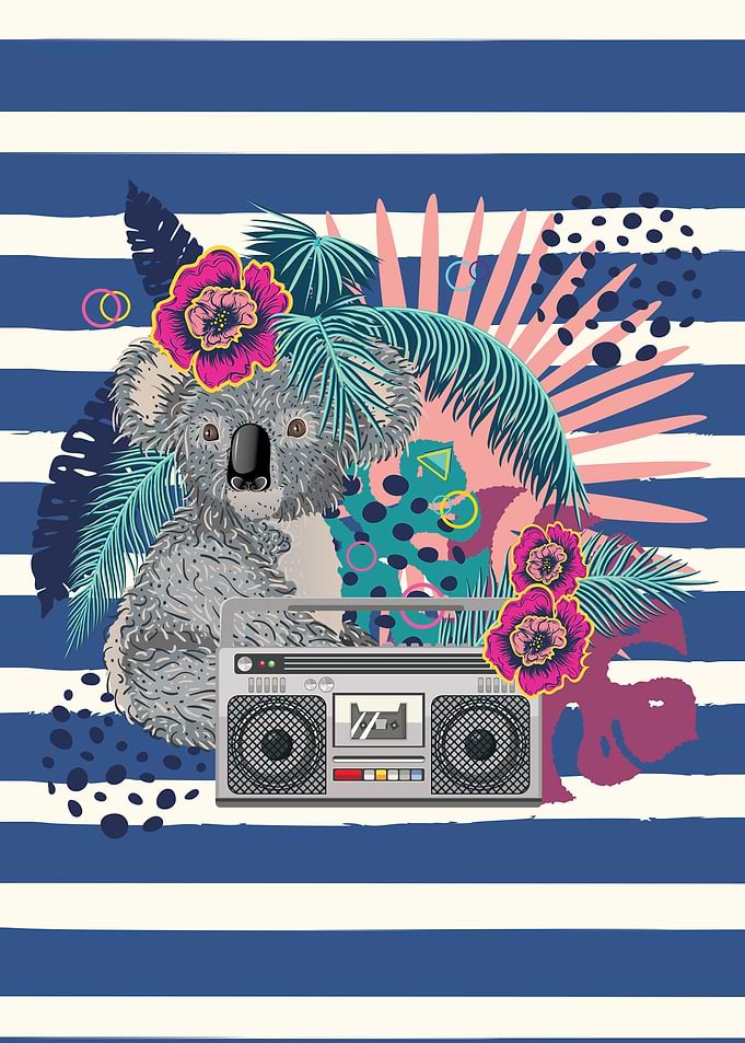 Grey koala with boombox