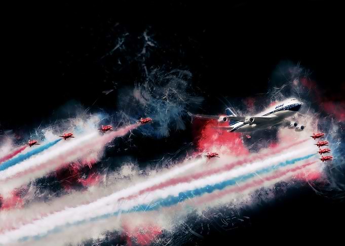BOAC 747 + 9 Red Arrows