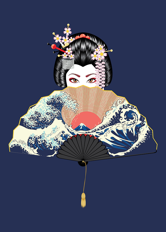 Geisha and fan with sea