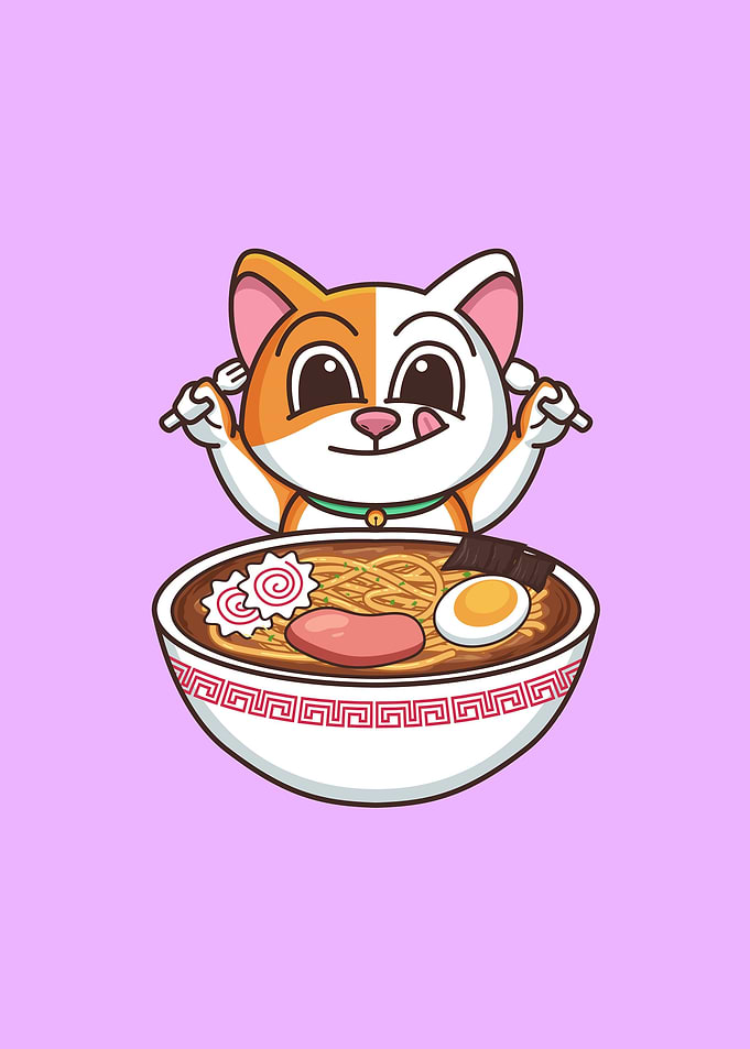 cat eat ramen noodle