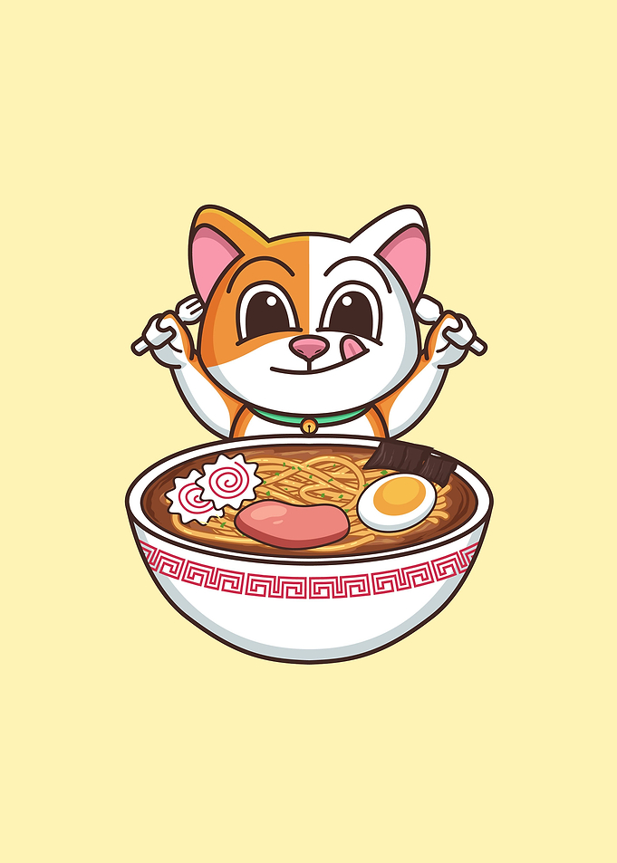 cat eat ramen noodle