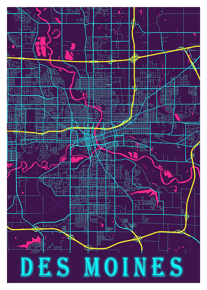 Des Moines Neon City Map