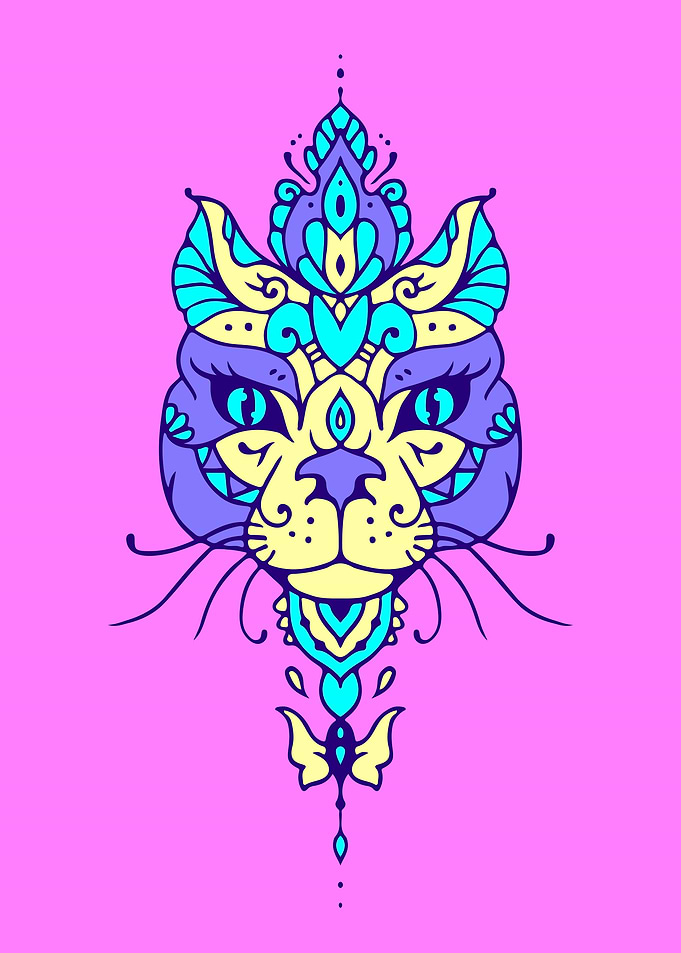 Cat vibrant floral art