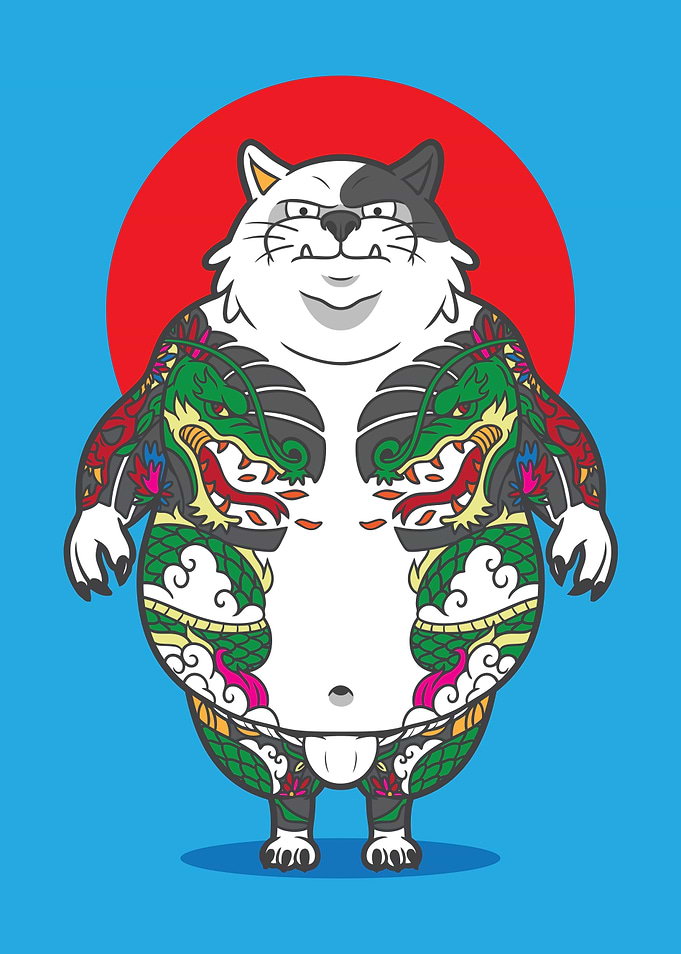 Grim Tattoo Cat on Red Sun