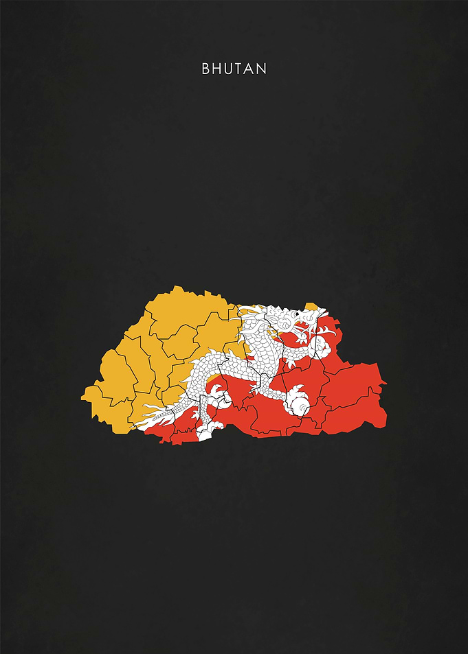 Bhutan Flag Map Poster