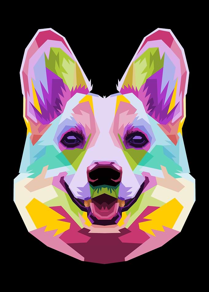 colorful corgi dog head
