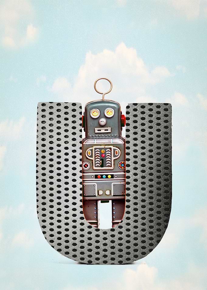 big letter U retro robot