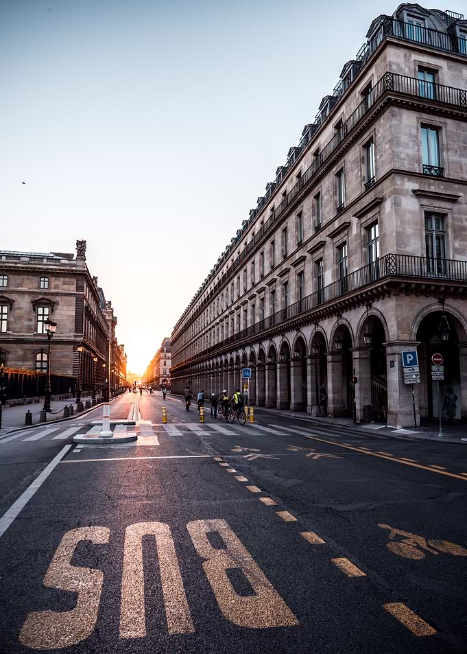Paris street in sunset