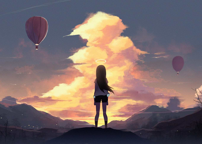 Cute girl looks at balloon