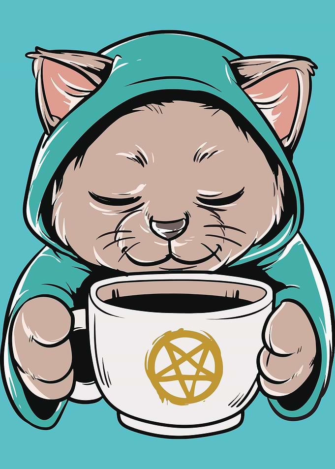 Witch cat with coffee
