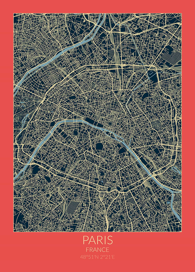 Paris Map Red Blue