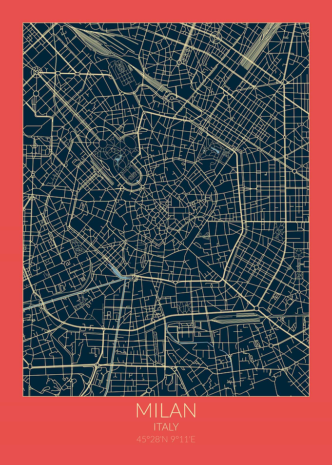 Milan Map Red Blue Italy