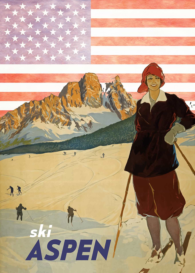 SKI ASPEN VINTAGE USA FLAG