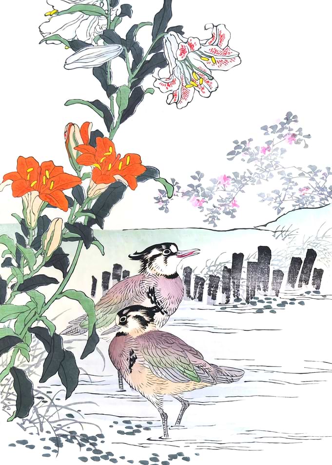 Red Lilies And Birds
