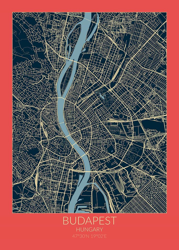 Budapest Map Red Blue