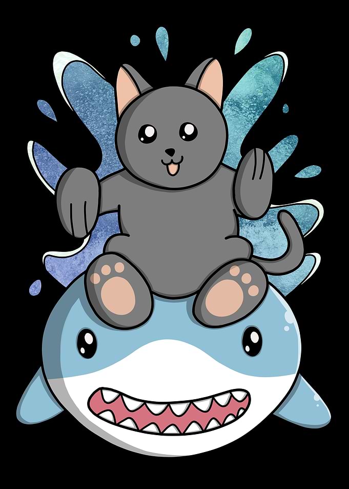 Cat Rides Swimming Shark